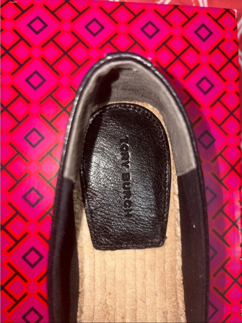 Tory Burch Black Leather Espadrille with Embellished Logo